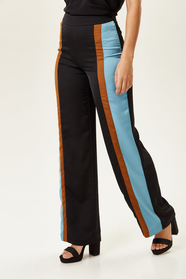 Liquorish Women's Trousers - Navy And Blue Colour Block Wide Leg High Rise Regular Fit Side Zip - Liquorish
