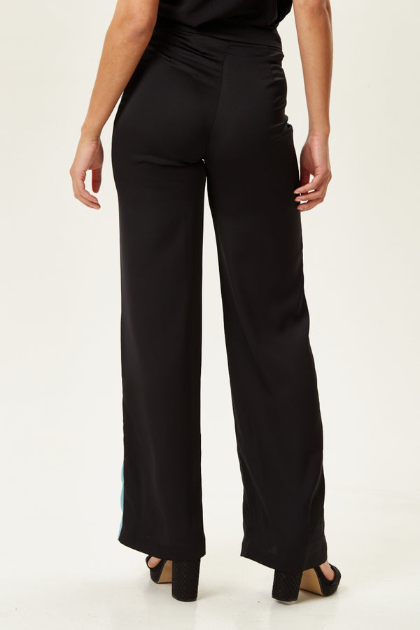 Liquorish Women's Trousers - Navy And Blue Colour Block Wide Leg High Rise Regular Fit Side Zip - Liquorish