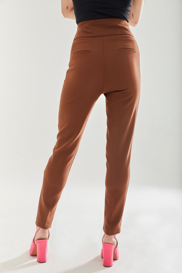 Liquorish Women's Trousers - Plain Brown Skinny Fit Ankle Length With Zip Closure - Liquorish