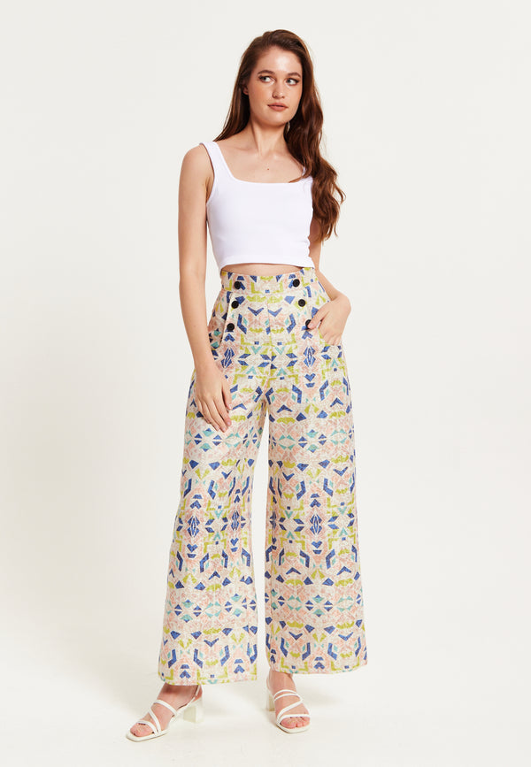 Liquorish Women's Trousers - Retro Shiny High Waist Wide Leg With Front Buttons Zip-Side Fastening And Pockets - Liquorish