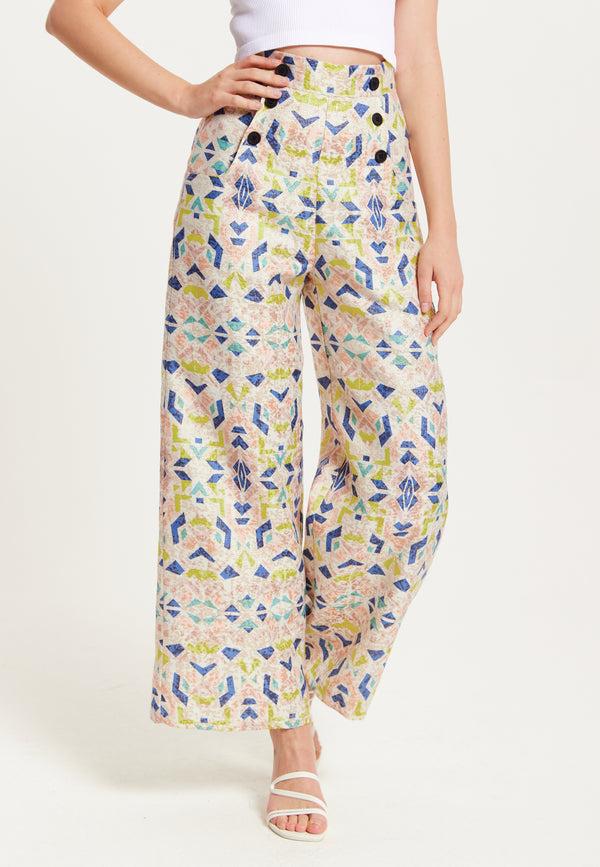 Liquorish Women's Trousers - Retro Shiny High Waist Wide Leg With Front Buttons Zip-Side Fastening And Pockets - Liquorish