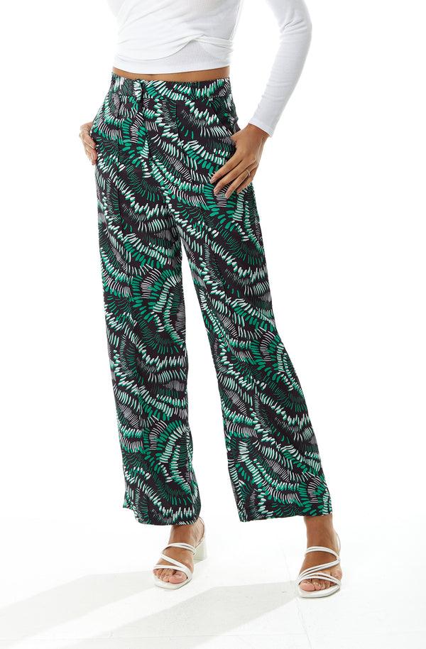 Liquorish Women's Trousers with Abstract Print in Black High Rise Wide Leg Style Front Pockets Liquorish