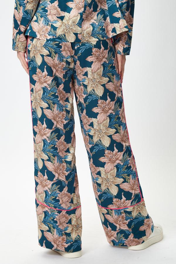 Liquorish Women's Trousers With Floral Pattern And Neon Piping Mid-Rise Waist Regular Fit - Liquorish
