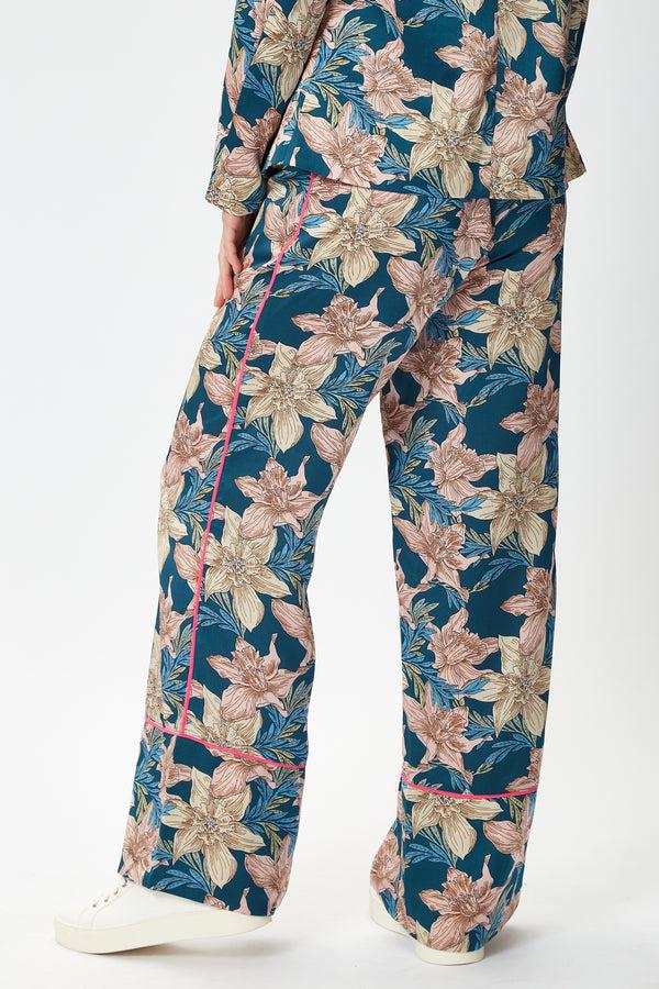 Liquorish Women's Trousers With Floral Pattern And Neon Piping Mid-Rise Waist Regular Fit - Liquorish