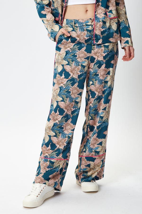 Liquorish Women's Trousers with Floral Pattern and Neon Piping Mid-Rise Waist Regular Fit - Liquorish
