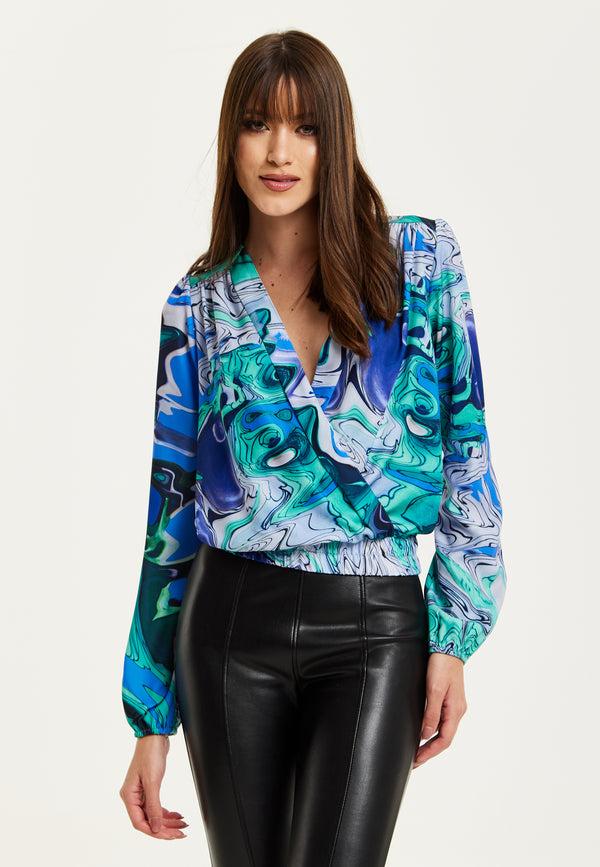 Liquorish Women's Turquoise Marble Print Wrap Top with Crossover Front V Neck Long Sleeves and Elasticated Waist
