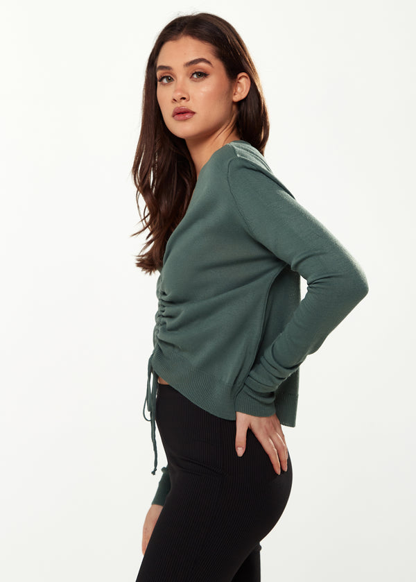 Liquorish Women’s V-Neck Top With Ruching Detail In Green - Long Sleeves Chic Design Adjustable Fit Versatile Style