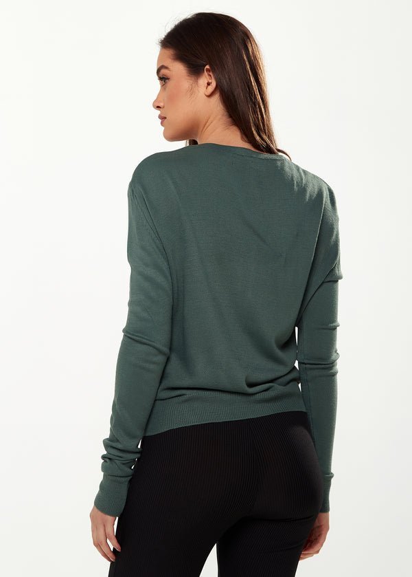Liquorish Women’s V-Neck Top With Ruching Detail In Green - Long Sleeves Chic Design Adjustable Fit Versatile Style