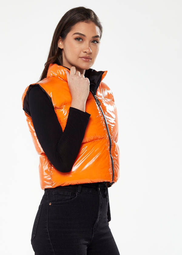 Liquorish Women's Wet Look Gilet In Orange - Sleeveless High Neck Zip Closure Cropped Fit Regular Fit Available In Classic And Bright Colours