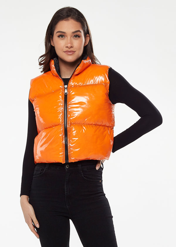 Liquorish Women's Wet Look Gilet in Orange - Sleeveless High Neck Zip Closure Cropped Fit Regular Fit Available in Classic and Bright Colours