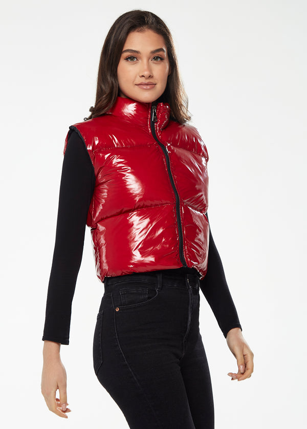 Liquorish Women’s Wet Look Gilet In Red - Sleeveless High Neck Zip Closure Cropped Fit Regular Fit Perfect For Cold Days