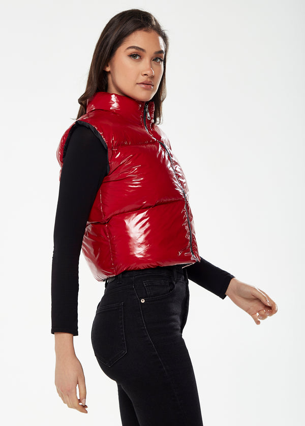 Liquorish Women’s Wet Look Gilet In Red - Sleeveless High Neck Zip Closure Cropped Fit Regular Fit Perfect For Cold Days