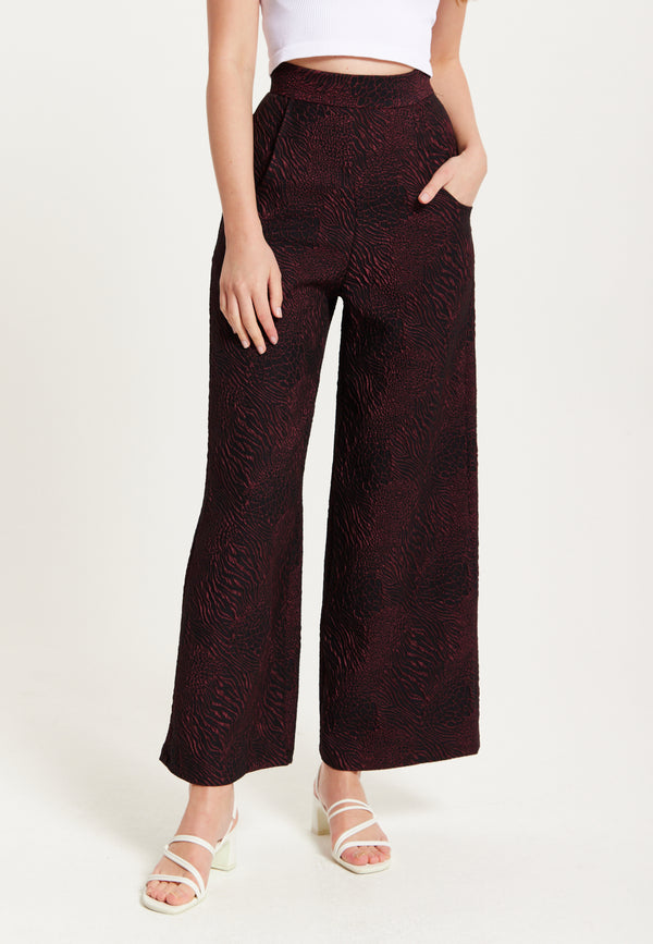 Liquorish Women’s Wine Printed High Waist Wide Leg Trousers With Front Buttons And Pockets Fits Small To Size – Liquorish