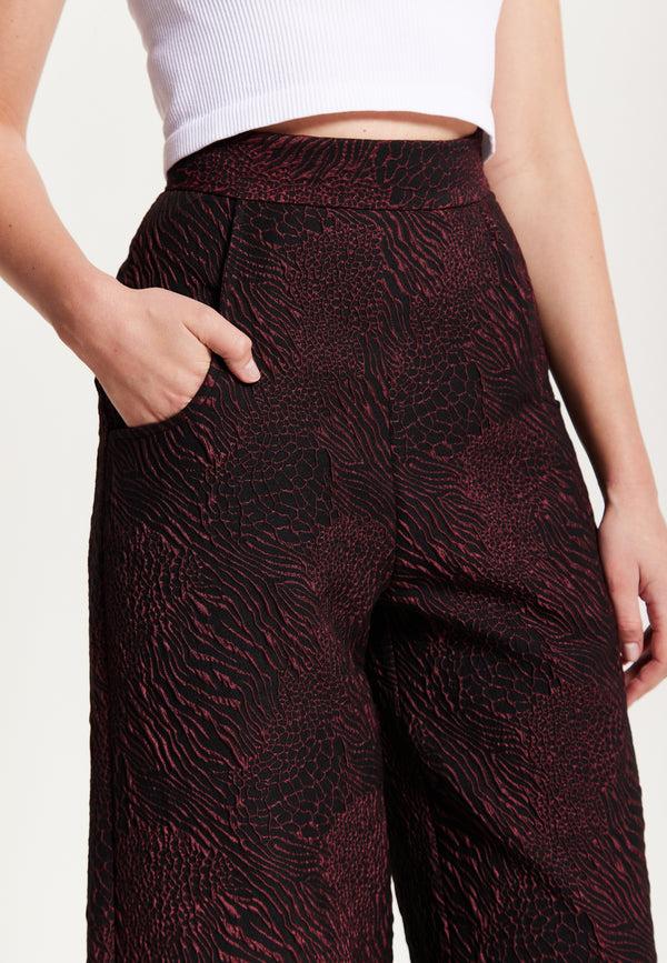 Liquorish Women’s Wine Printed High Waist Wide Leg Trousers With Front Buttons And Pockets Fits Small To Size – Liquorish