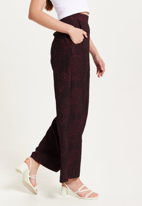 Liquorish Women’s Wine Printed High Waist Wide Leg Trousers With Front Buttons And Pockets Fits Small To Size – Liquorish