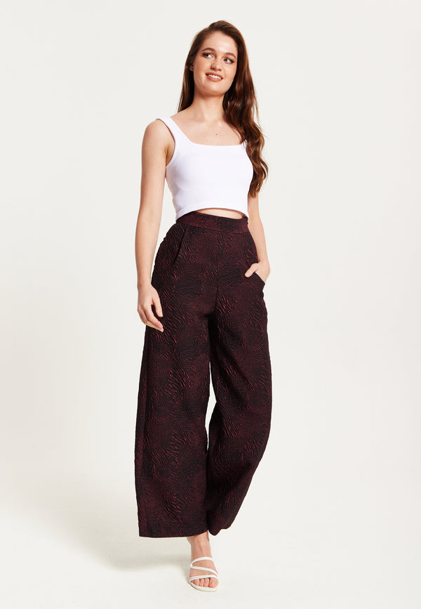 Liquorish Women’s Wine Printed High Waist Wide Leg Trousers with Front Buttons and Pockets Fits Small to Size – Liquorish