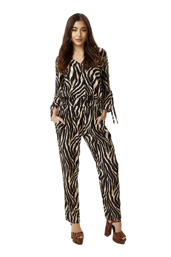 Liquorish Women's Zebra Print Jumpsuit with 3/4 Sleeves V Neck Elasticated Waist Regular Fit - Liquorish