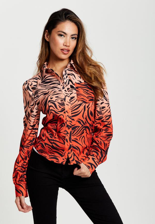 Liquorish Women's Zebra Print Shirt With Accentuated 70's Collar Detail In Orange And Nude - Long Sleeves Side Pocket