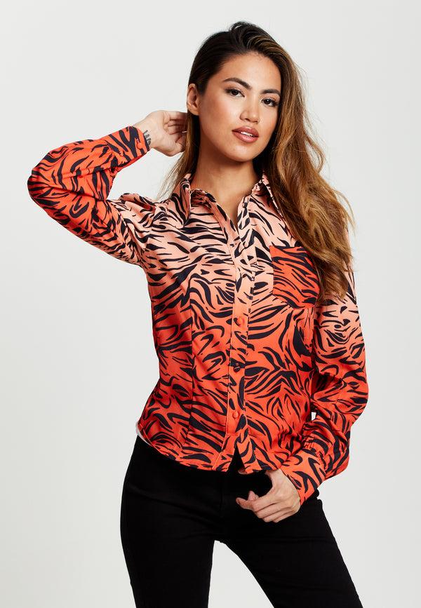 Liquorish Women's Zebra Print Shirt With Accentuated 70's Collar Detail In Orange And Nude - Long Sleeves Side Pocket