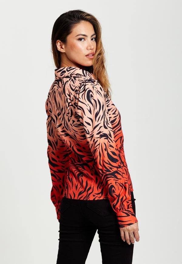Liquorish Women's Zebra Print Shirt With Accentuated 70's Collar Detail In Orange And Nude - Long Sleeves Side Pocket