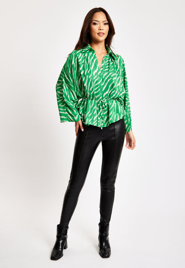 Liquorish Women's Zebra Print Shirt With Long Sleeves Tie Waist Button-Up Front Regular Fit And Shirt Collar