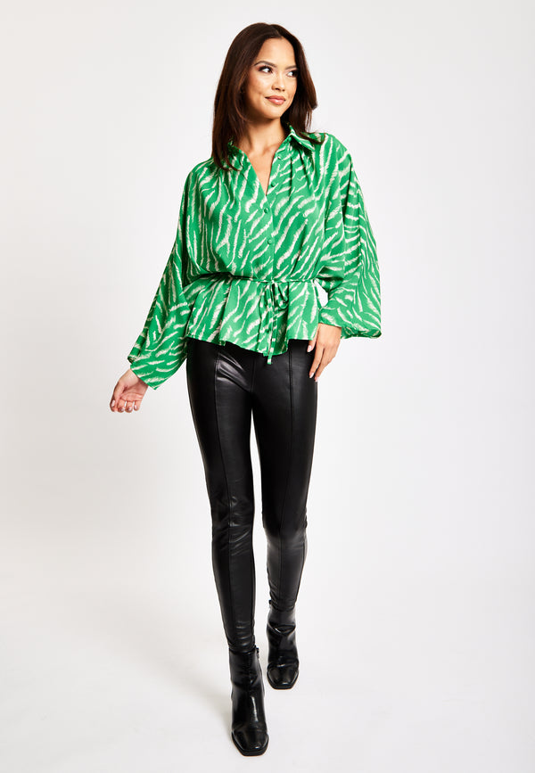 Liquorish Women's Zebra Print Shirt With Long Sleeves Tie Waist Button-Up Front Regular Fit And Shirt Collar