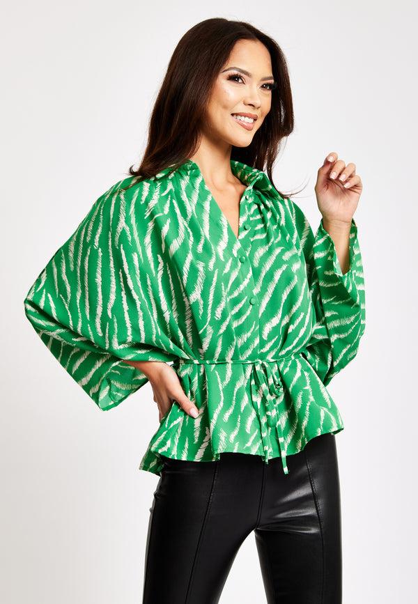 Liquorish Women's Zebra Print Shirt with Long Sleeves Tie Waist Button-Up Front Regular Fit and Shirt Collar