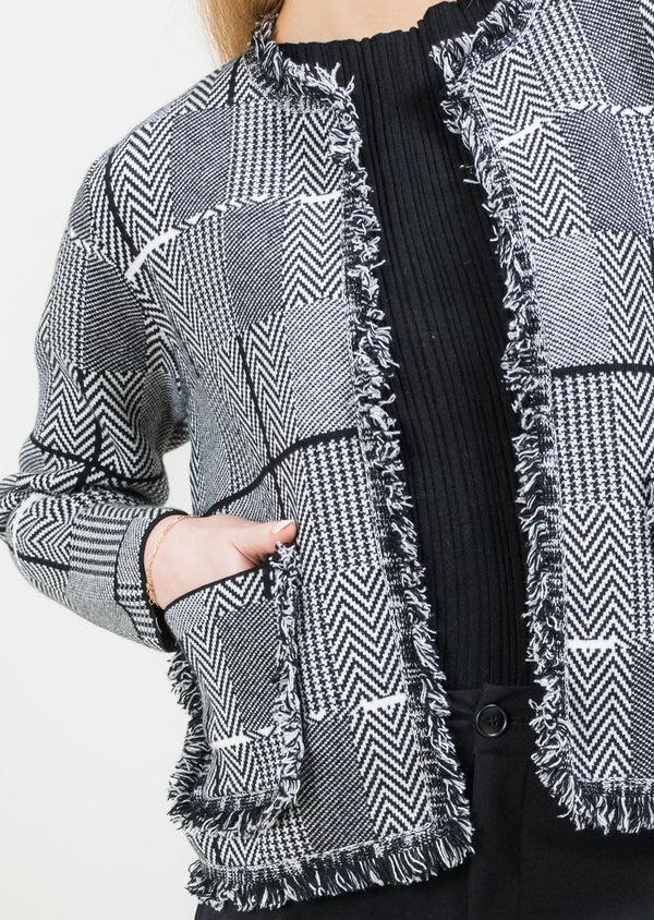 Lisette L Audrey Frayed Collarless Suit Jacket BLACK/WHITE