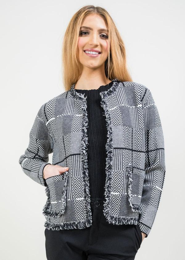 lisette l Audrey Frayed Collarless Suit Jacket BLACK/WHITE