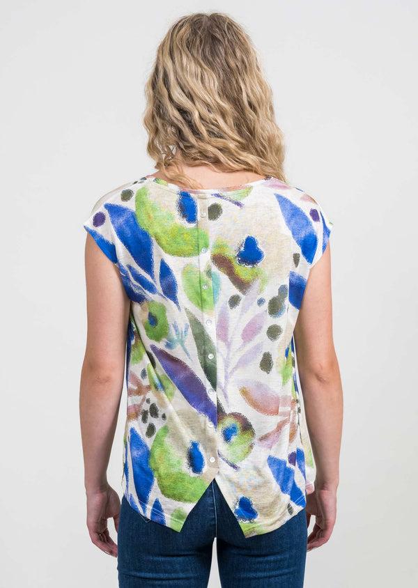 Lisette L Blue/Green Button Back Linen Like Shirt BLUE/GREEN