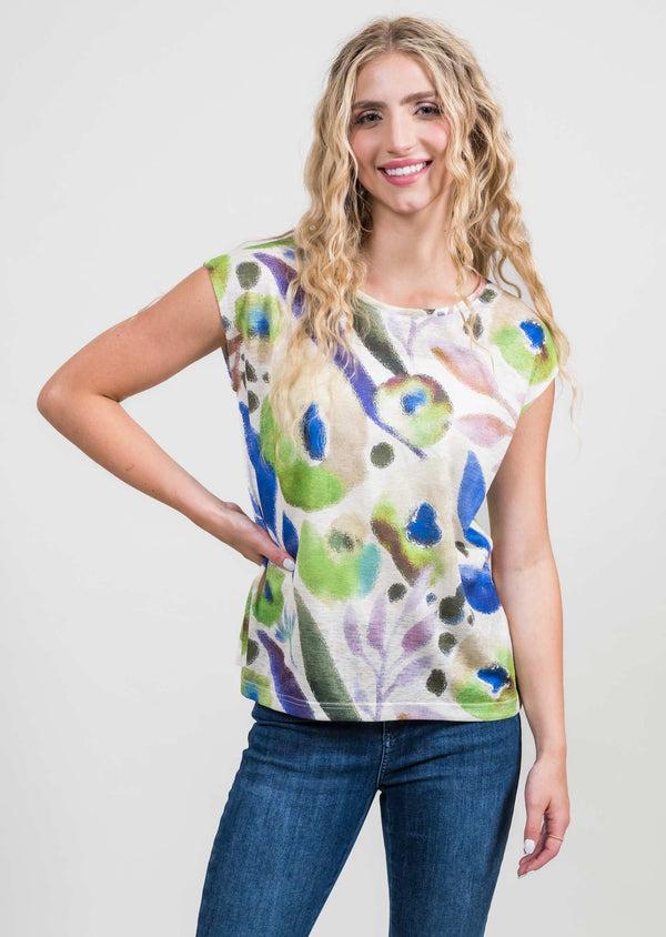 lisette l Blue/Green Button Back Linen Like Shirt BLUE/GREEN