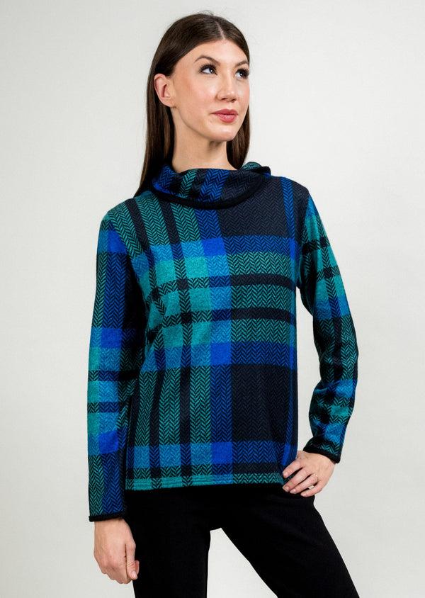 Lisette L CONTRAST TRIM FOLD OVER NECK PLAID PRINTED SWEATER BLUE PLAID