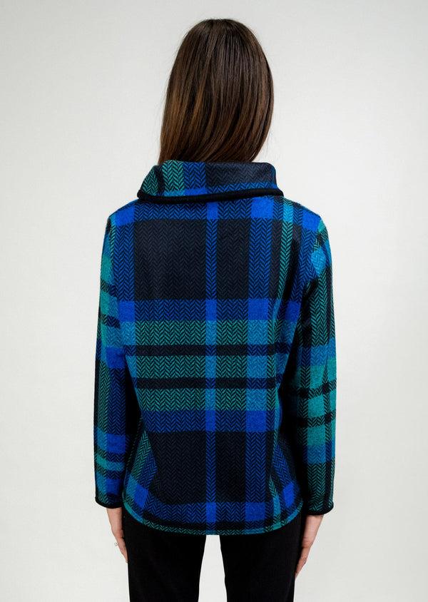 Lisette L CONTRAST TRIM FOLD OVER NECK PLAID PRINTED SWEATER BLUE PLAID