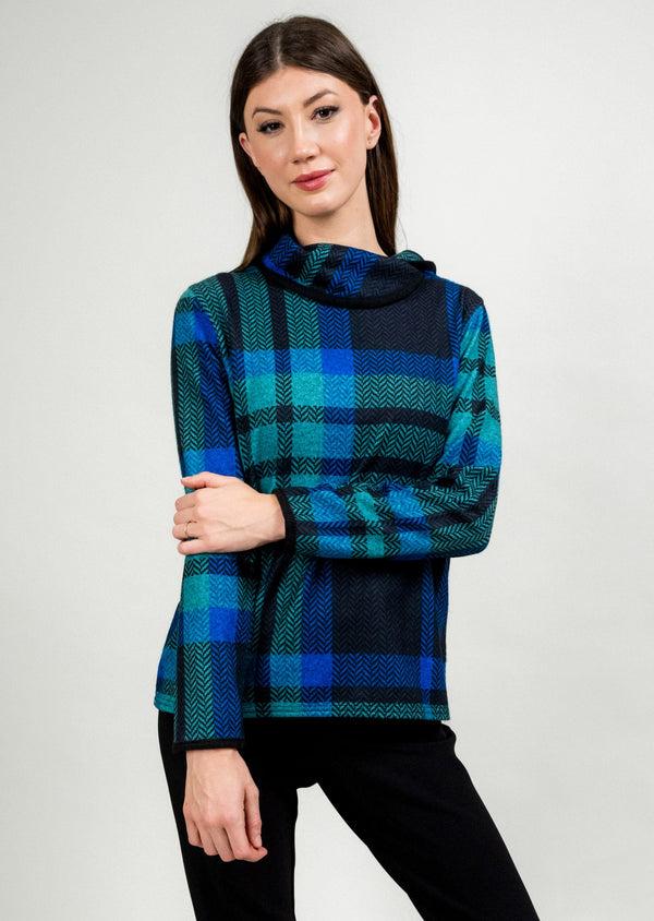 lisette l CONTRAST TRIM FOLD OVER NECK PLAID PRINTED SWEATER BLUE PLAID