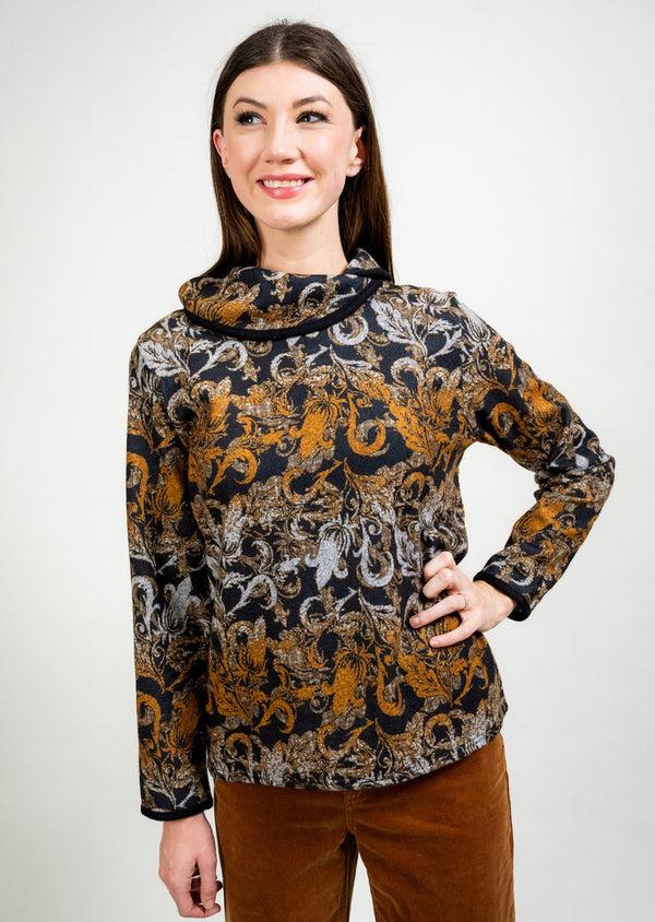 Lisette L CONTRAST TRIM FOLDOVER COLLAR OMBRE JAQUARD PRINT SWEATER Choose An Option