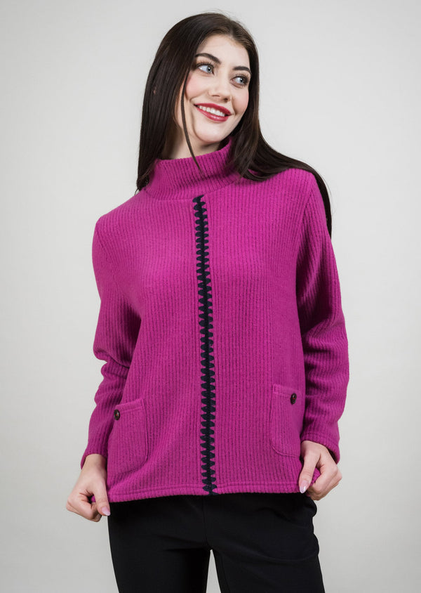 lisette l COWL NECK WITH POCKET AND RIC-RAC STITCH DETAIL FUSCHIA