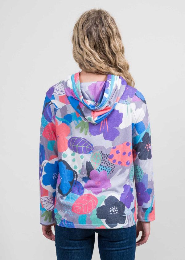 Lisette L Grey/Coral Floral Print Crossover Neck Hoodie Grey/Coral