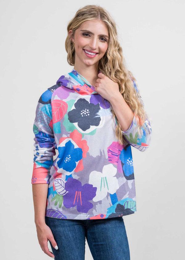 lisette l Grey/Coral Floral Print Crossover Neck Hoodie Grey/Coral