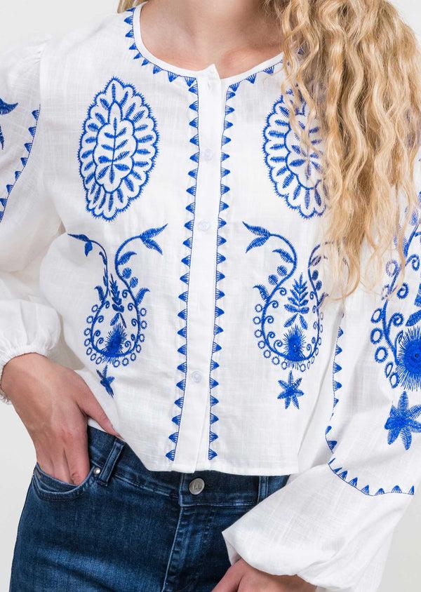 Lisette L Blue/White Embroidered Blouse BLUE/WHITE