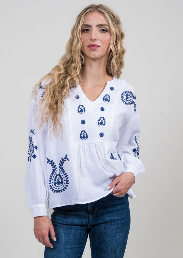 lisette l Embroidered Blouse NAVY/WHITE