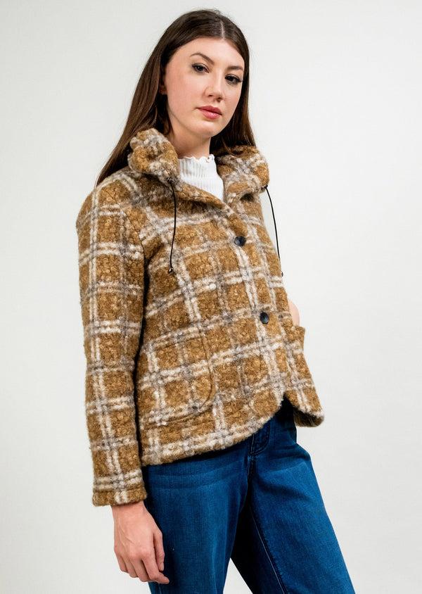 Lisette L PLAID BOUCCLE POUFF NECK COAT TAUPE