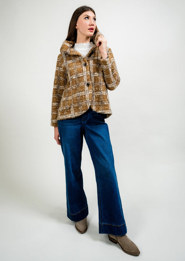 Lisette L PLAID BOUCCLE POUFF NECK COAT TAUPE