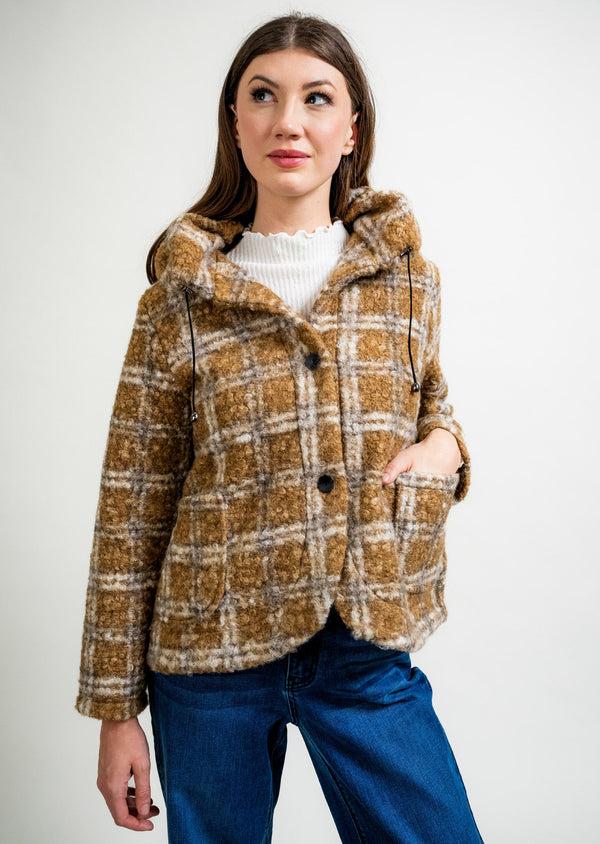 lisette l PLAID BOUCCLE POUFF NECK COAT TAUPE