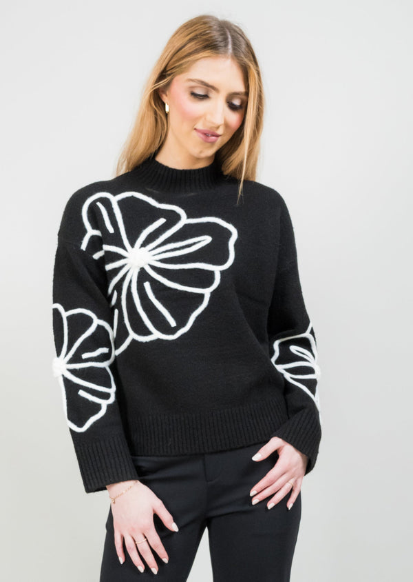 lisette l Poppy Embroidered Mockneck BLACK/WHITE