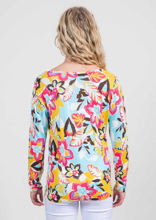 Lisette L Printed V-Neck Sweater Aqua/Orange