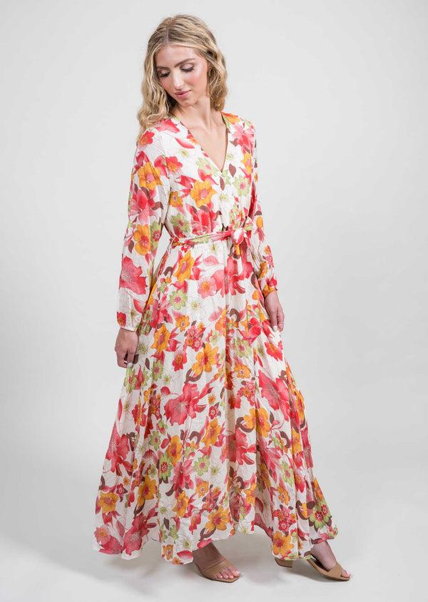 lisette l V-Neck L/S Layered Maxi Dress Red/Yellow