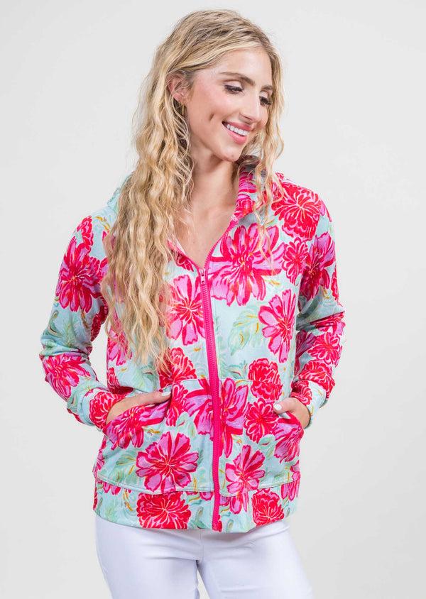 Lisette L Zip Printed Hoodie PINK/AQUA