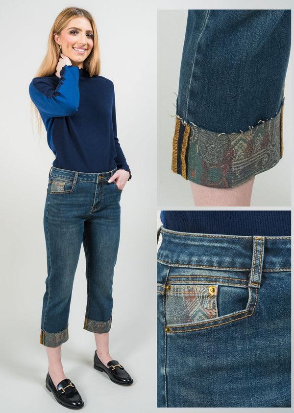 Lisette L MEDALLION PRINTED DENIM 26" Cuff Jean | | Five Pocket | Zip Fly DARK DENIM