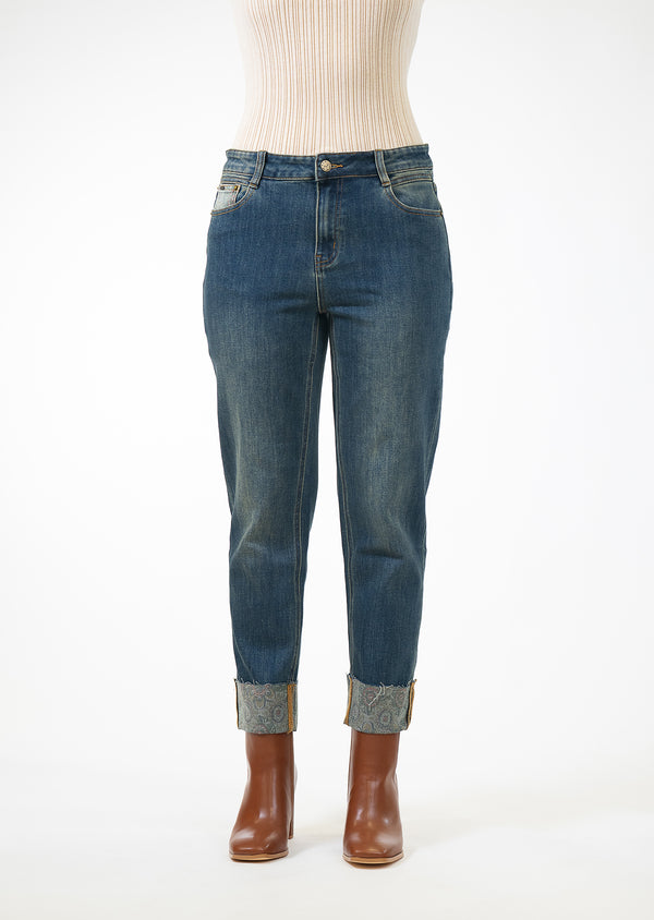Lisette L MEDALLION PRINTED DENIM 26" Cuff Jean | | Five Pocket | Zip Fly DARK DENIM