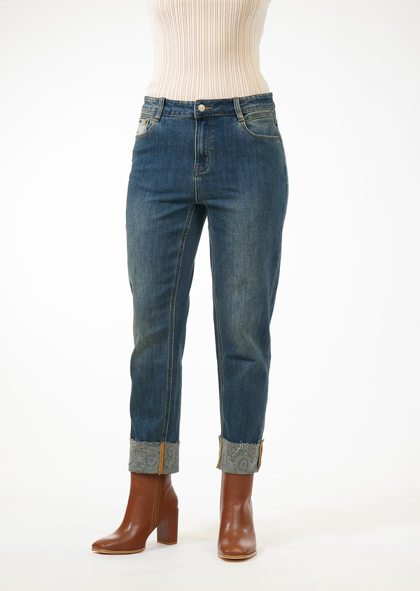 Lisette L MEDALLION PRINTED DENIM 26" Cuff Jean | | Five Pocket | Zip Fly DARK DENIM